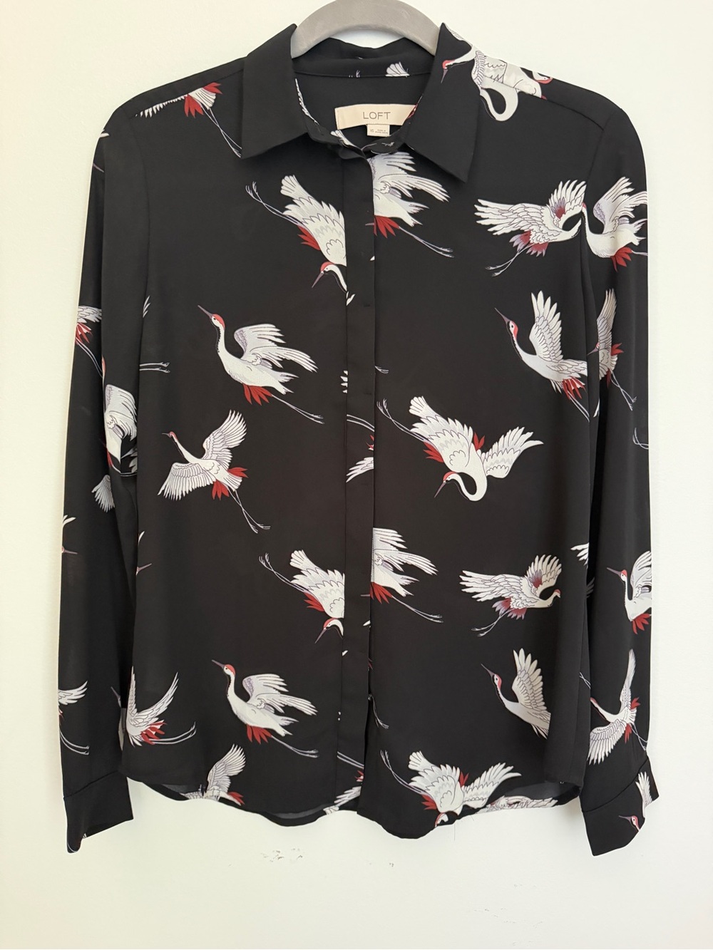 LOFT Black Crane Print Button-Down Blouse Top